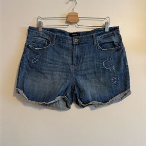 Reitmans Distressed Dark Blue Denim Roll-Cuff Shorts